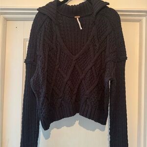 Free People Black V-Neck Cable Knit Sweater